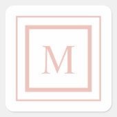 Perzikbeige en witte vierkante-grensmonogram vierkante sticker (Voorkant)
