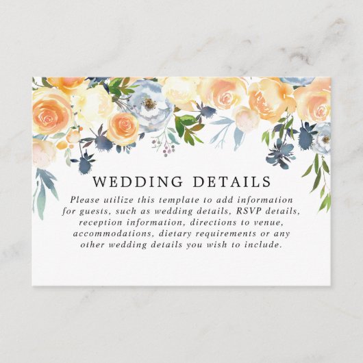 Perzikblauwe waterverf trouwgegevens informatiekaartje (Voorkant)