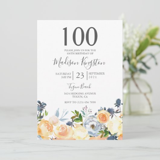 Perzikbloemen 100th Birthday Party nodigt uit Kaart (Staand voorkant)