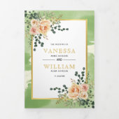 Perzikbloemen, bladeren, groene bloementeelt drieluik uitnodiging (Cover)