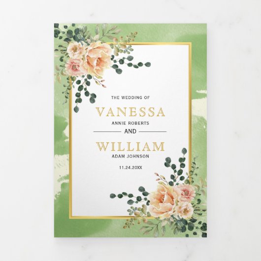 Perzikbloemen, bladeren, groene bloementeelt drieluik uitnodiging (Cover)