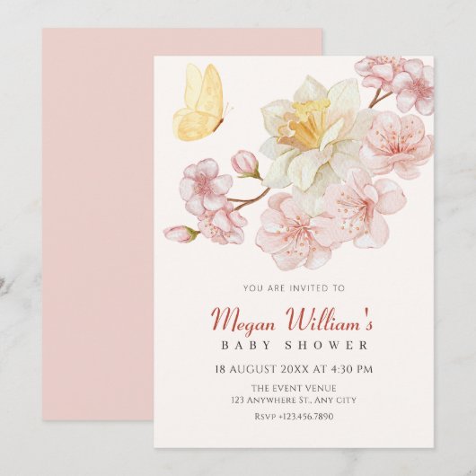 Perzikbloemen bloeien baby shower kaart (Voorkant / Achterkant)