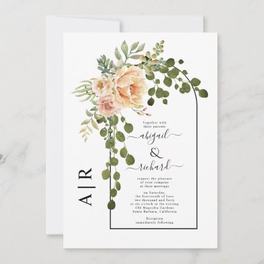 Perzikbloemen, boog- en monogram bruiloft kaart (Voorkant)