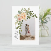 Perzikbloemen, boog met fotovalbruiloft bedankkaart (Staand voorkant)