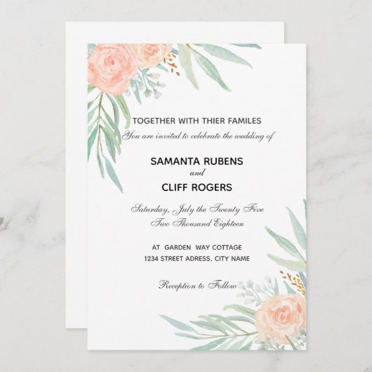 Perzikbloemen en eucalyptusbruiloft kaart (Voorkant / Achterkant)