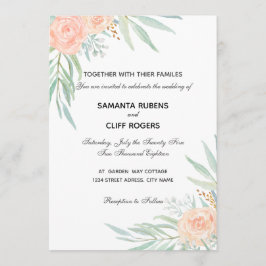 Perzikbloemen en eucalyptusbruiloft kaart