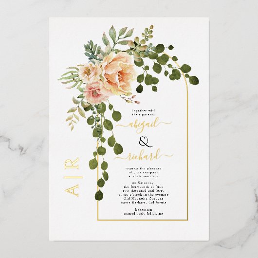 Perzikbloemen en Folie van echt goud voor de bruil Folie Uitnodiging (Voorkant)