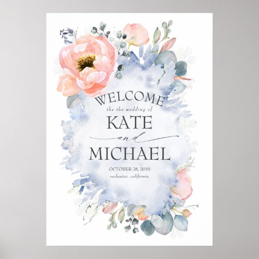 Perzikbloemen en Greenery Dusty Blue Welcome Poster (Voorkant)