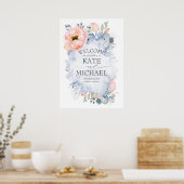 Perzikbloemen en Greenery Dusty Blue Welcome Poster (Keuken)