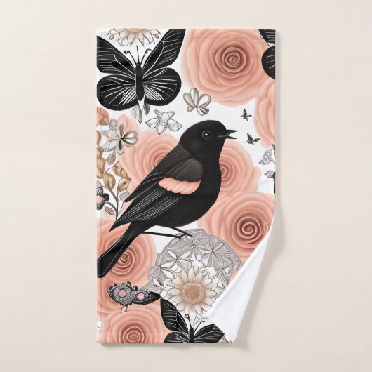 Perzikbloemen en koolbloemen, Robin en Butterflies Bad Handdoek (Handdoek)