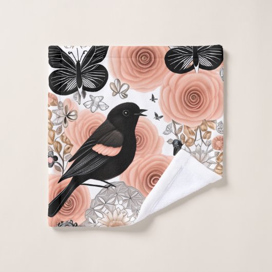 Perzikbloemen en koolbloemen, Robin en Butterflies Bad Handdoek (Wasdoekje)