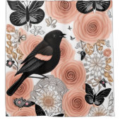 Perzikbloemen en koolbloemen, Robin en Butterflies Douchegordijn (Voorkant)