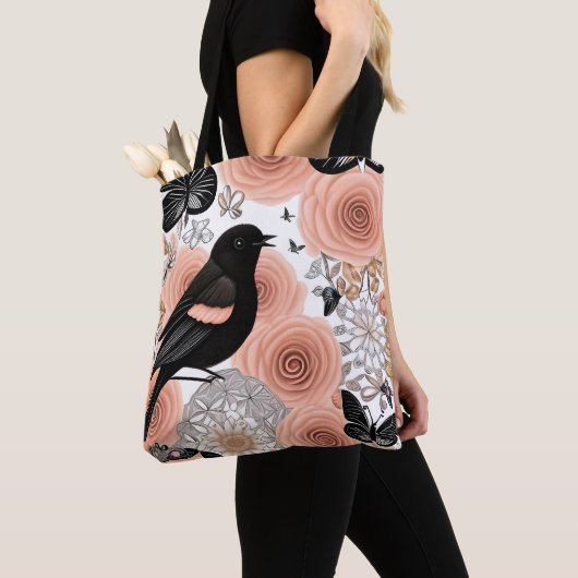 Perzikbloemen en koolbloemen, Robin en Butterflies Tote Bag (Dichtbij)