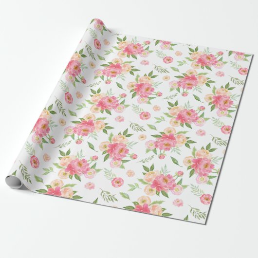 Perzikbloemen en pink Peony Flowers Cadeaupapier (Uitgerold)