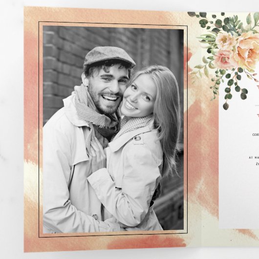 Perzikbloemen en -waterverven drieluik uitnodiging (Binnenzijde eerst)