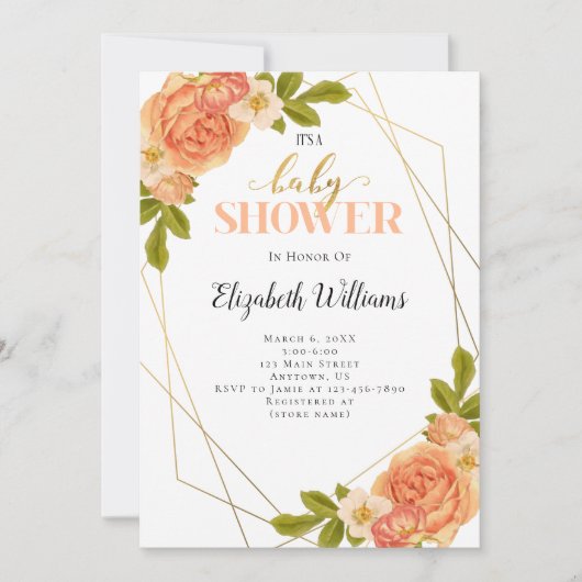 Perzikbloemen Geometrisch Lijst Baby shower Kaart (Voorkant)