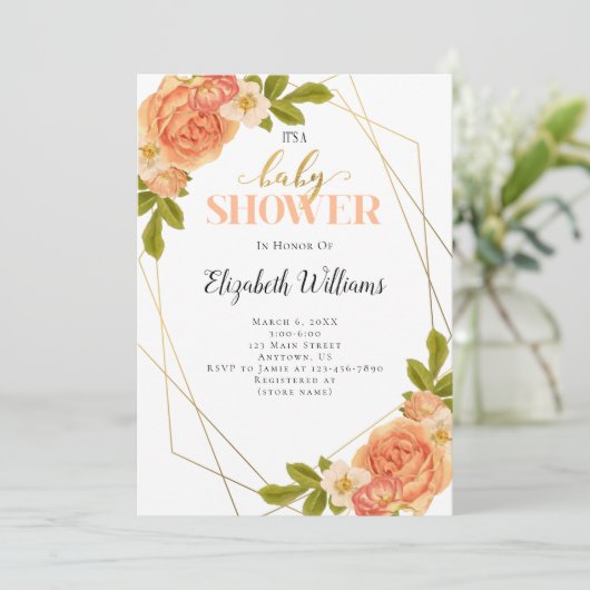 Perzikbloemen Geometrisch Lijst Baby shower Kaart (Staand voorkant)