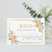 Perzikbloemen, gouden lijst bruiloft RSVP-kaart RSVP Kaartje (Staand voorkant)