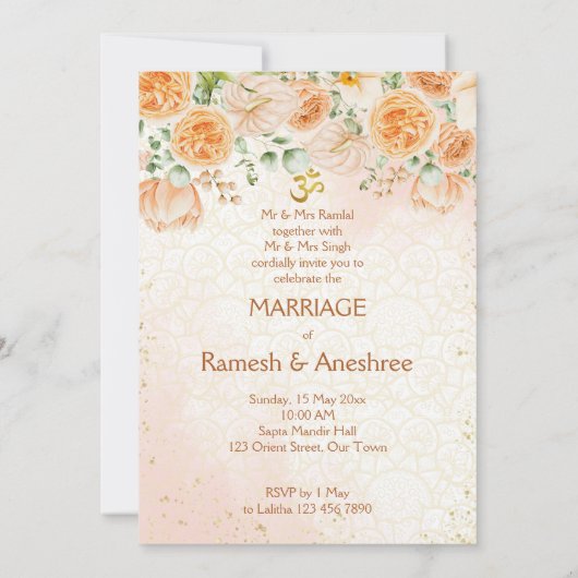 Perzikbloemen Indiaas bruiloft voor Indiase koppel Kaart (Achterkant)