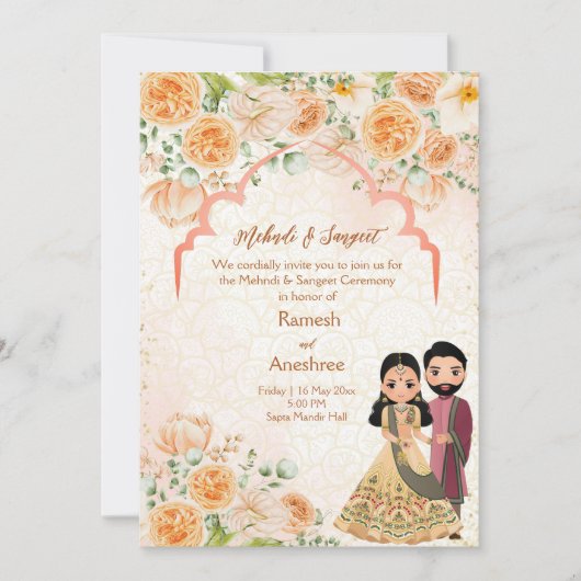 Perzikbloemen Indiaas koppel mahndi sangeet Kaart (Voorkant)