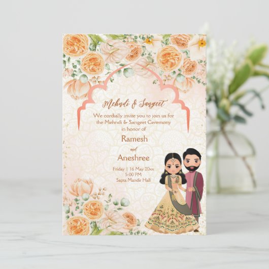 Perzikbloemen Indiaas koppel mahndi sangeet Kaart (Staand voorkant)