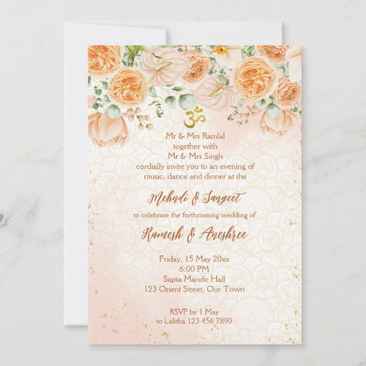 Perzikbloemen Indiaas koppel mahndi sangeet Kaart (Achterkant)