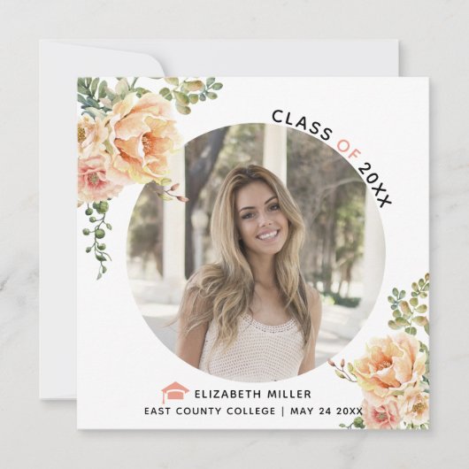 Perzikbloemen Klasse van 2025 afstuderen foto Aankondiging (Voorkant)