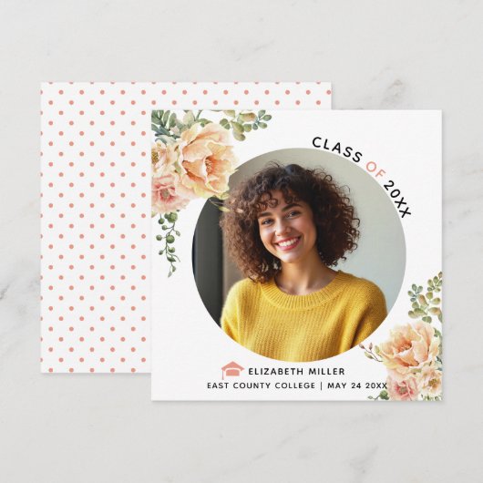 Perzikbloemen Klasse van 2025 afstuderen foto Aankondiging (Voorkant / Achterkant)