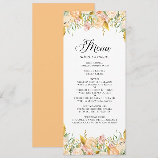 Perzikbloemen met Gold Foliage Menu Kaart II (Voorkant / Achterkant)