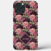Perzikbloemen op het Paarse diamantmonogram Case-Mate iPhone Case (Achterkant)