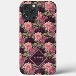 Perzikbloemen op het Paarse diamantmonogram Case-Mate iPhone Case