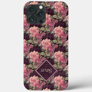 Perzikbloemen op het Paarse diamantmonogram Case-Mate iPhone Case
