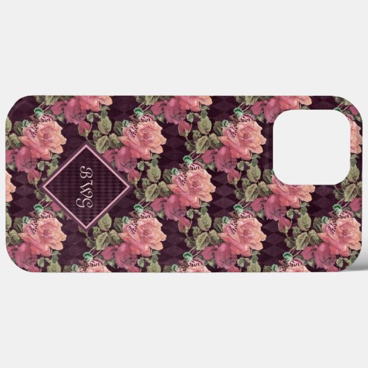 Perzikbloemen op het Paarse diamantmonogram Case-Mate iPhone Case (Achterkant (horizontaal))