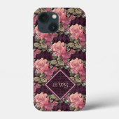Perzikbloemen op het Paarse diamantmonogram Case-Mate iPhone Case (Achterkant)