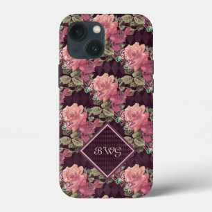 Perzikbloemen op het Paarse diamantmonogram Case-Mate iPhone Case