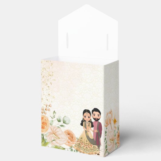 Perzikbloemen schattig Indiaas bruidskoppel op maa Bedankdoosjes (Geopend)