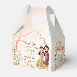 Perzikbloemen schattig Indiaas bruidskoppel op maa Bedankdoosjes