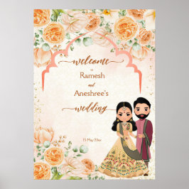 Perzikbloemen schattig Indiaas stel welkom Poster