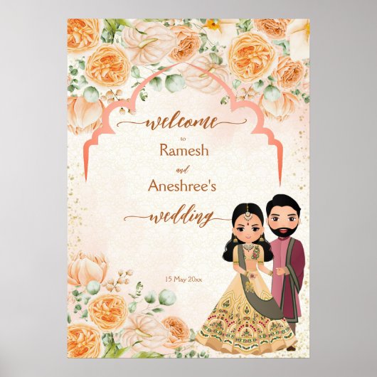 Perzikbloemen schattig Indiaas stel welkom Poster (Voorkant)