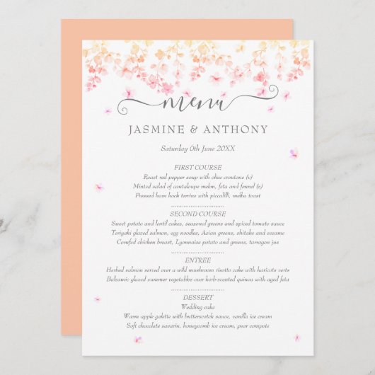 Perzikbloesem Bruiloftsbloemen Menu (Voorkant / Achterkant)