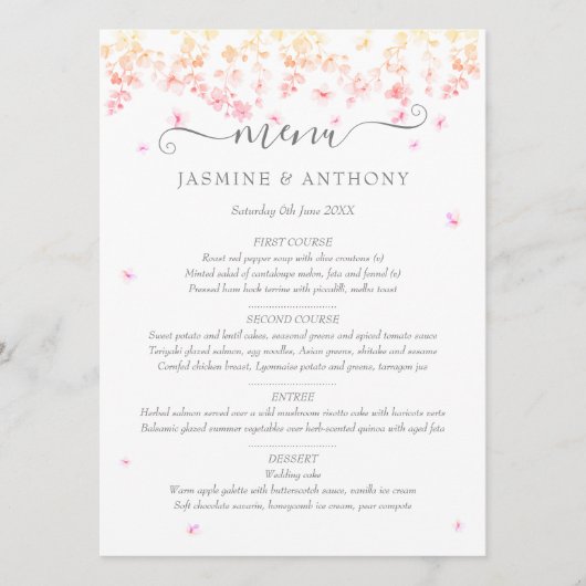 Perzikbloesem Bruiloftsbloemen Menu (Voorkant)