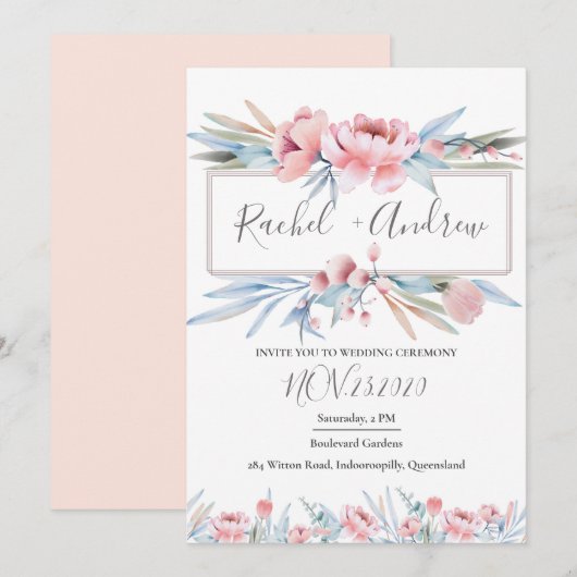 Perzikbloesem | Floral bruiloft uitnodiging (Voorkant / Achterkant)