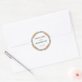 Perzikbloesem & Gouden Lattice Bruiloft Ronde Sticker