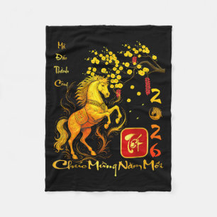 Perzikbloesem Vietnamees Nieuwjaarsfeest Paard 202 Fleece Deken