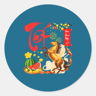 Perzikbloesem Vietnamees Nieuwjaarsfeest Paard 202 Ronde Sticker