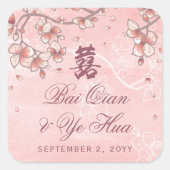 Perzikbloesems Dubbelgeluk Floral Weddenschap Vierkante Sticker (Voorkant)