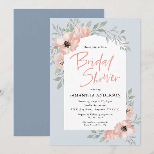 Perzikbloesems Stof Blauw Handgeschreven Bruidsdou Kaart (Voorkant / Achterkant)