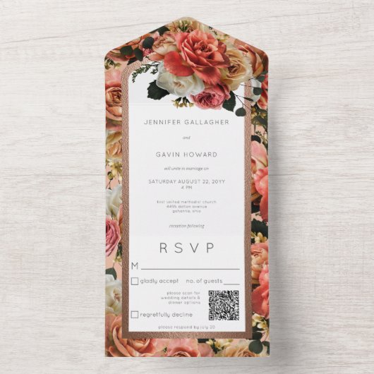 Perzikblush en roze Rustige Rozen QR-code All In One Uitnodiging (Binnen)