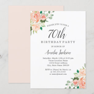 Perzikblush Waterverf Floral 70th Birthday Party Kaart
