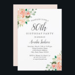 Perzikblush Waterverf Floral 80th Birthday Party Kaart<br><div class="desc">Floral Birthday-uitnodigingen in de Little Bayleigh Store.</div>